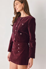 BORDEAUX VELVET BURGUNDY JEWEL-BUTTON CROPPED JACKET - Flying Tomato - Flyclothing LLC