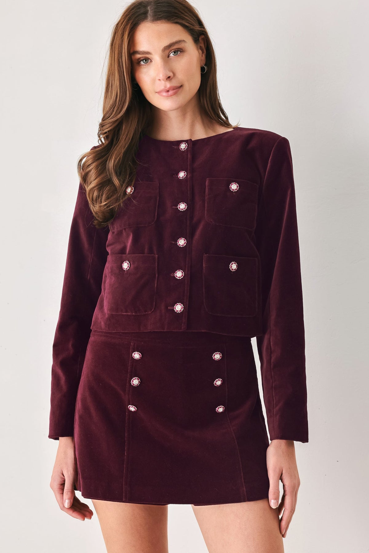 BORDEAUX VELVET BURGUNDY JEWEL-BUTTON CROPPED JACKET - Flying Tomato - Flyclothing LLC