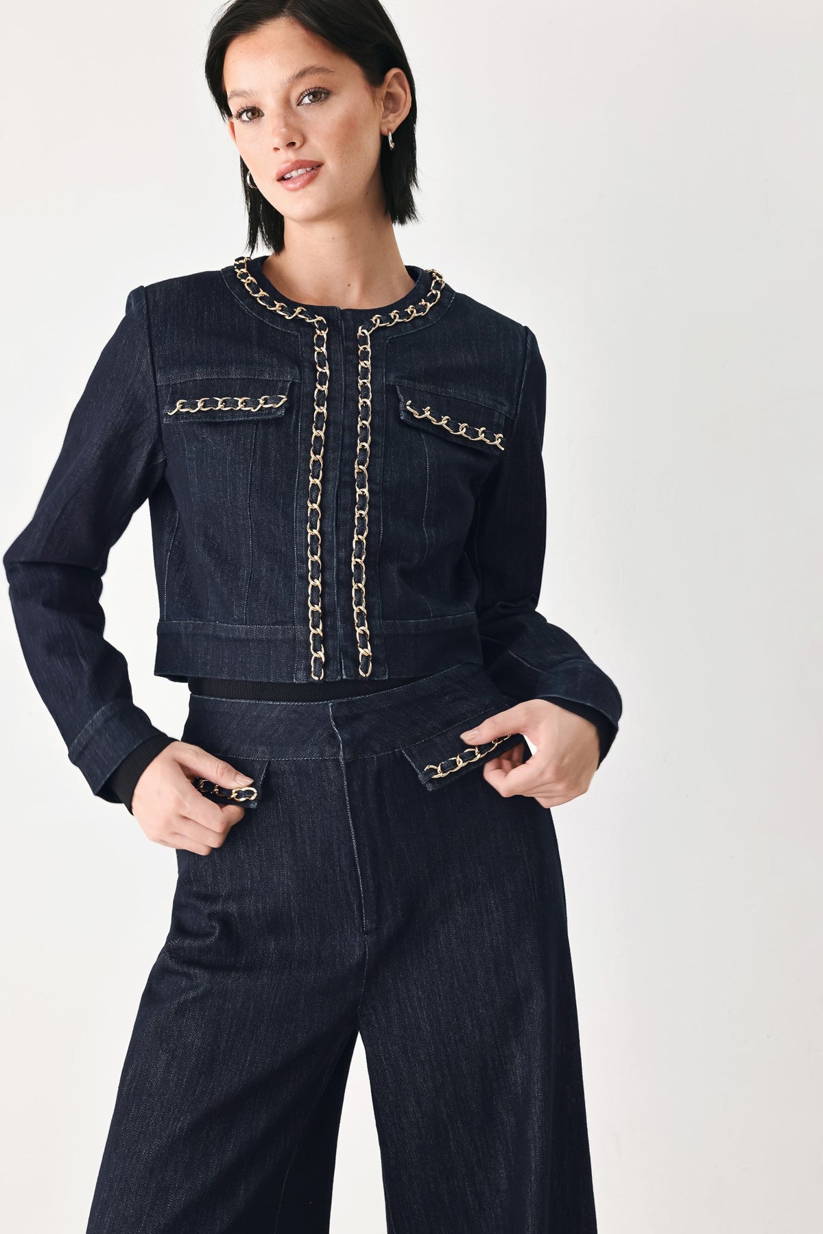 AFTER HOURS INDIGO CHAIN-TRIM DENIM JACKET - Flying Tomato - Flyclothing LLC