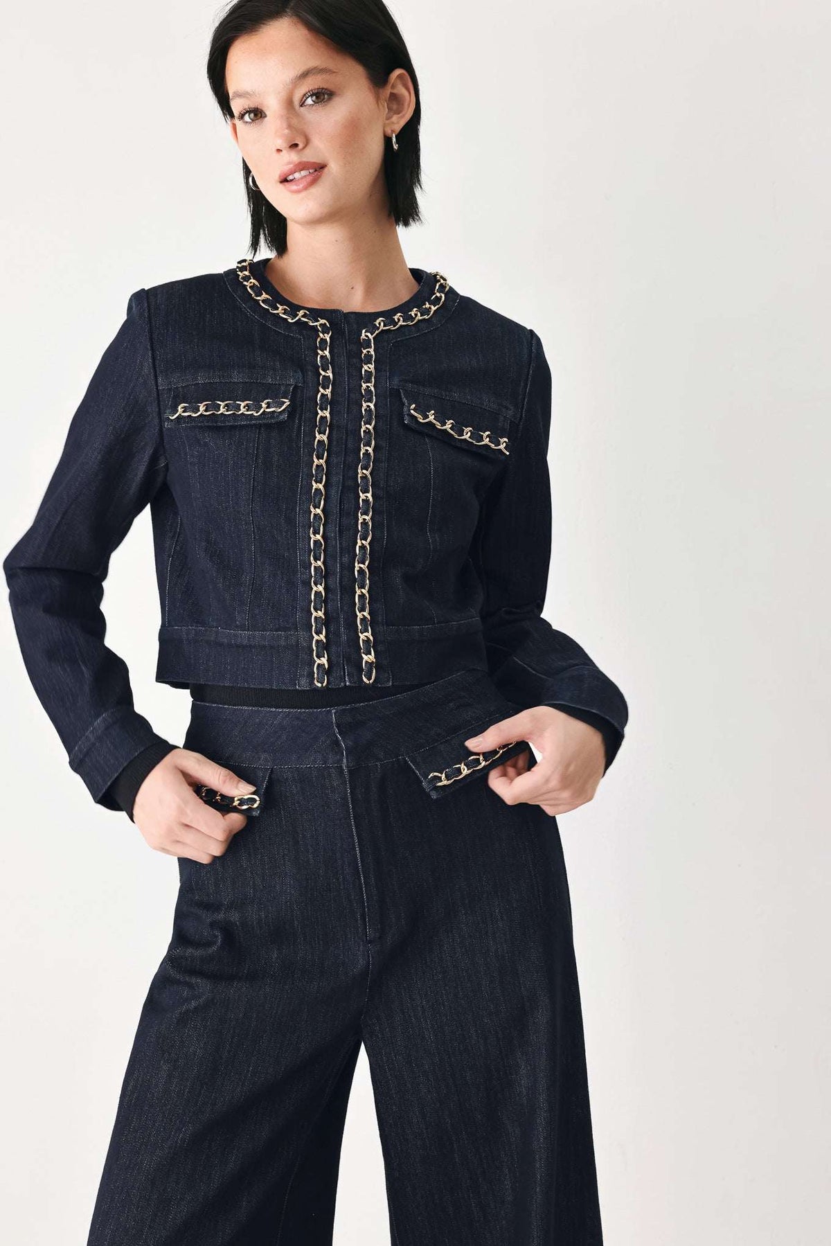 AFTER HOURS INDIGO CHAIN-TRIM DENIM JACKET - Flying Tomato - Flyclothing LLC