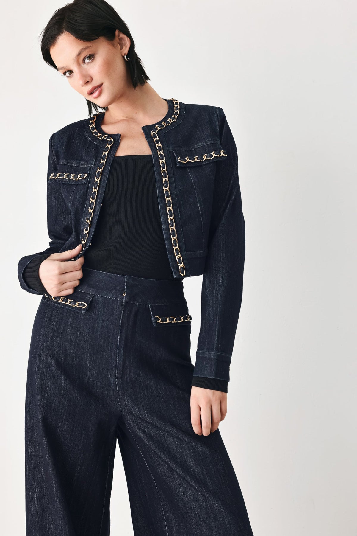 AFTER HOURS INDIGO CHAIN-TRIM DENIM JACKET - Flying Tomato - Flyclothing LLC