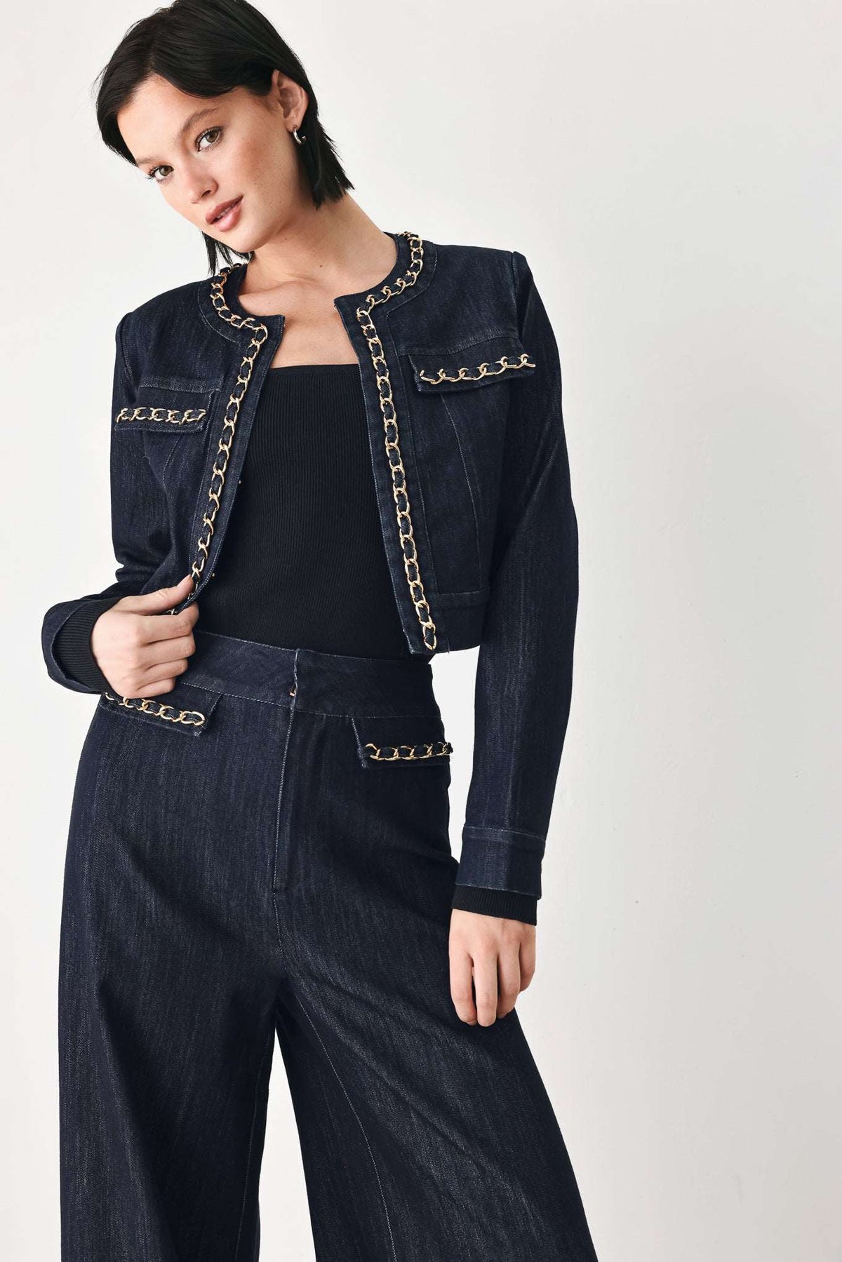 AFTER HOURS INDIGO CHAIN-TRIM DENIM JACKET - Flying Tomato - Flyclothing LLC
