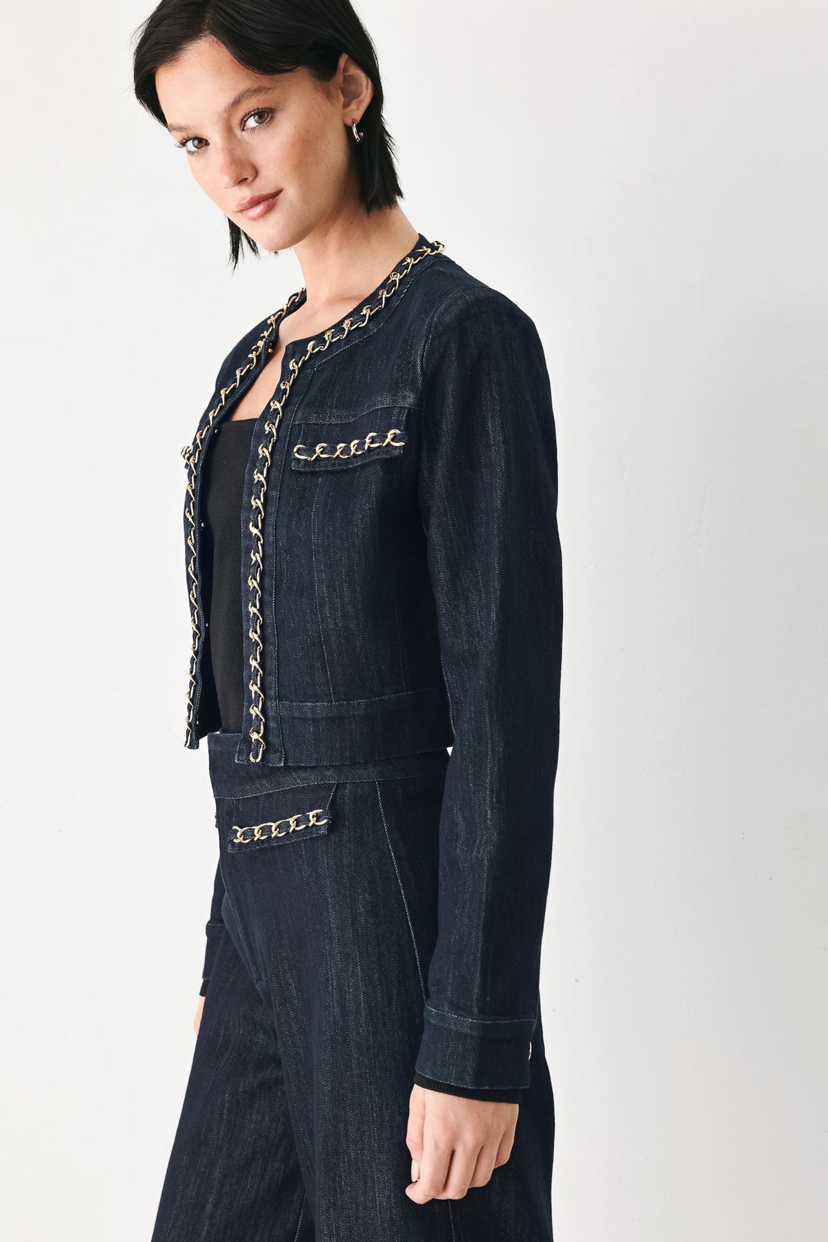 AFTER HOURS INDIGO CHAIN-TRIM DENIM JACKET - Flying Tomato - Flyclothing LLC