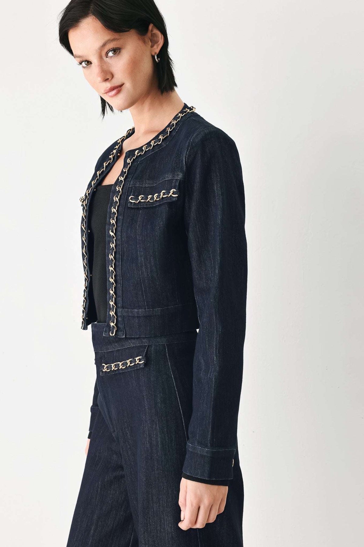 AFTER HOURS INDIGO CHAIN-TRIM DENIM JACKET - Flying Tomato - Flyclothing LLC