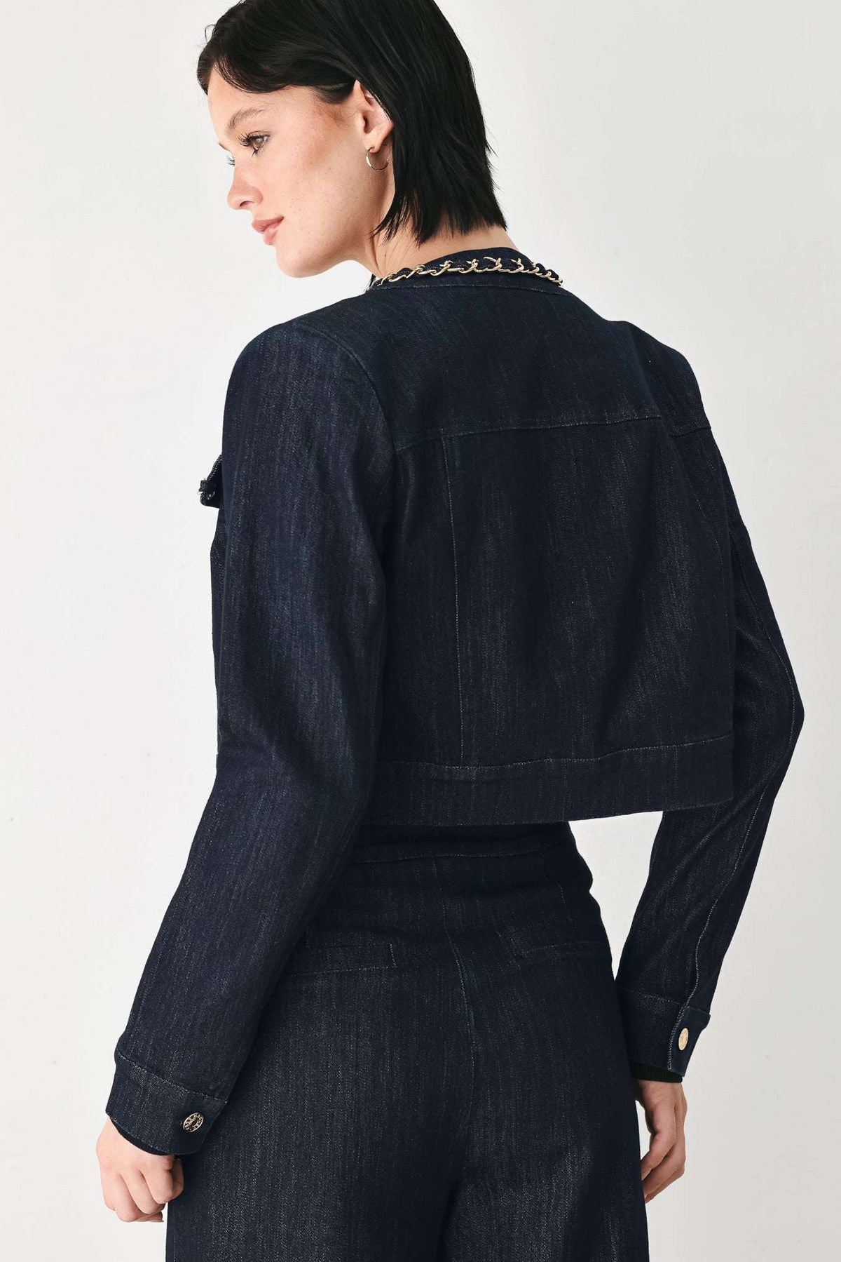 AFTER HOURS INDIGO CHAIN-TRIM DENIM JACKET - Flying Tomato - Flyclothing LLC