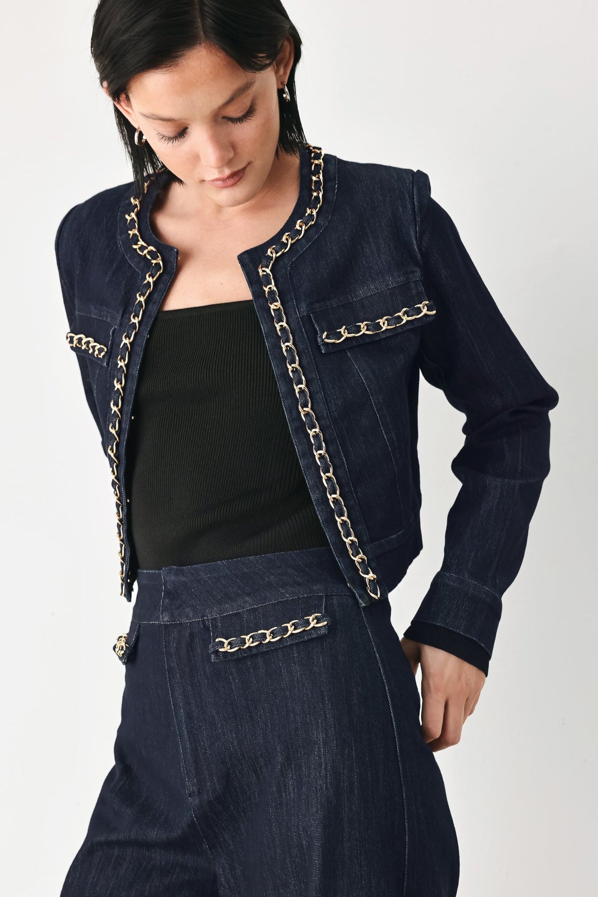 AFTER HOURS INDIGO CHAIN-TRIM DENIM JACKET - Flying Tomato - Flyclothing LLC