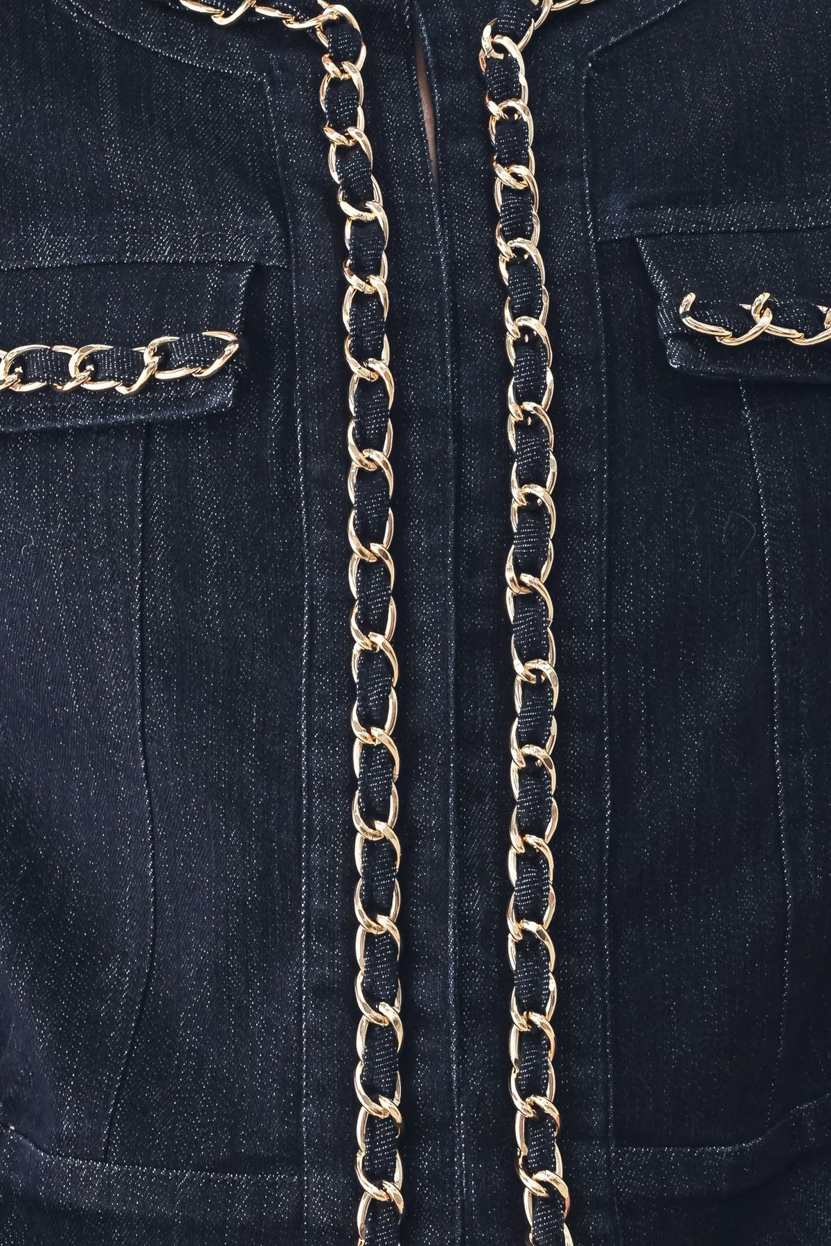 AFTER HOURS INDIGO CHAIN-TRIM DENIM JACKET - Flying Tomato - Flyclothing LLC