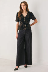 COCOA TAPESTRY BROWN JACQUARD BUTTON-DOWN TOP