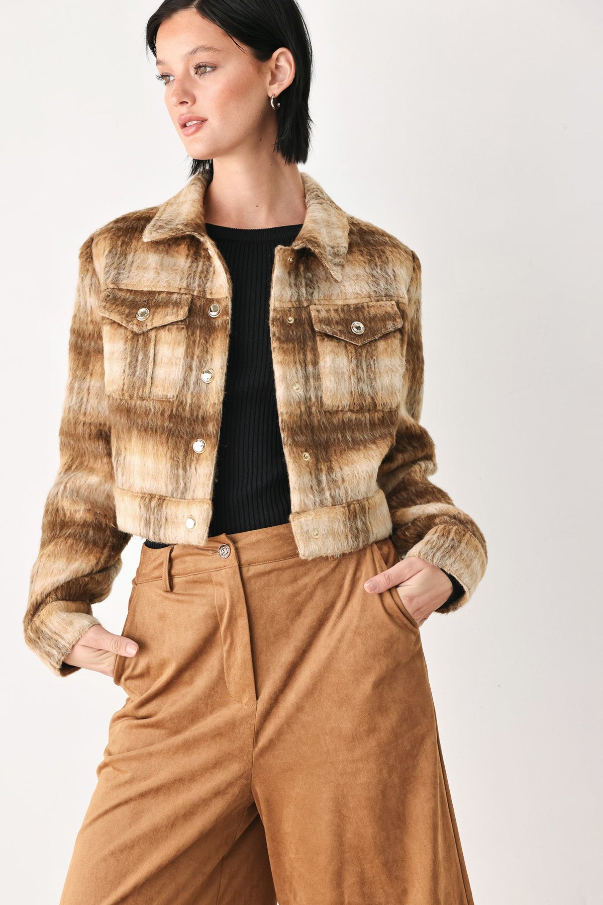 AUTUMN IN ASPEN PLAID CROP JACKET - Flying Tomato - Flyclothing LLC