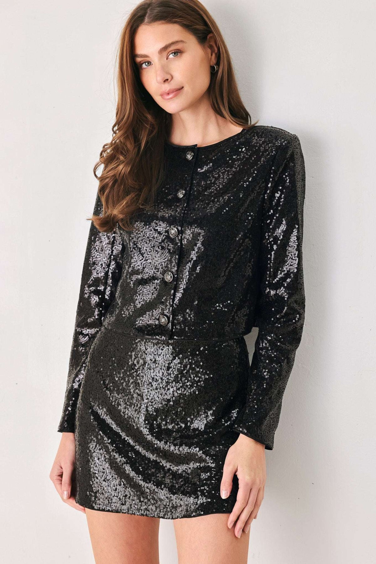 MIDNIGHT DISCO BLACK SEQUIN CROPPED JACKET - Flying Tomato - Flyclothing LLC