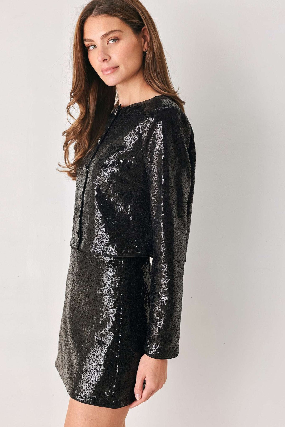 MIDNIGHT DISCO BLACK SEQUIN CROPPED JACKET - Flying Tomato - Flyclothing LLC