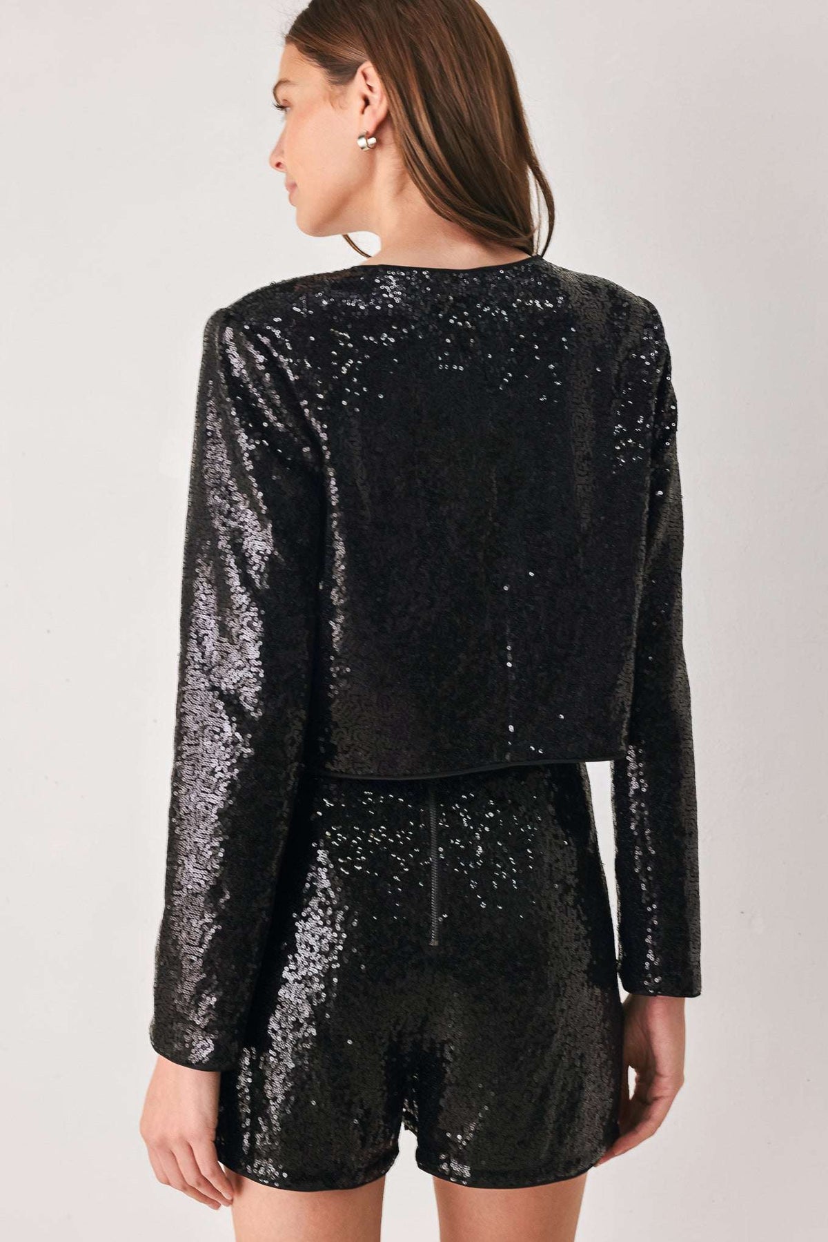 MIDNIGHT DISCO BLACK SEQUIN CROPPED JACKET - Flying Tomato - Flyclothing LLC
