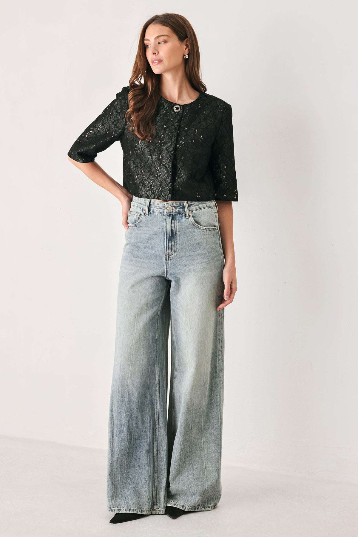 NOIR LACE AFFAIR BLACK/NUDE JEWEL-BUTTON CROPPED JACKET - Flying Tomato - Flyclothing LLC