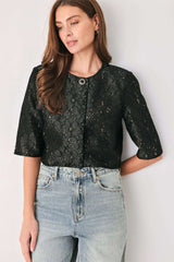 NOIR LACE AFFAIR BLACK/NUDE JEWEL-BUTTON CROPPED JACKET - Flying Tomato - Flyclothing LLC