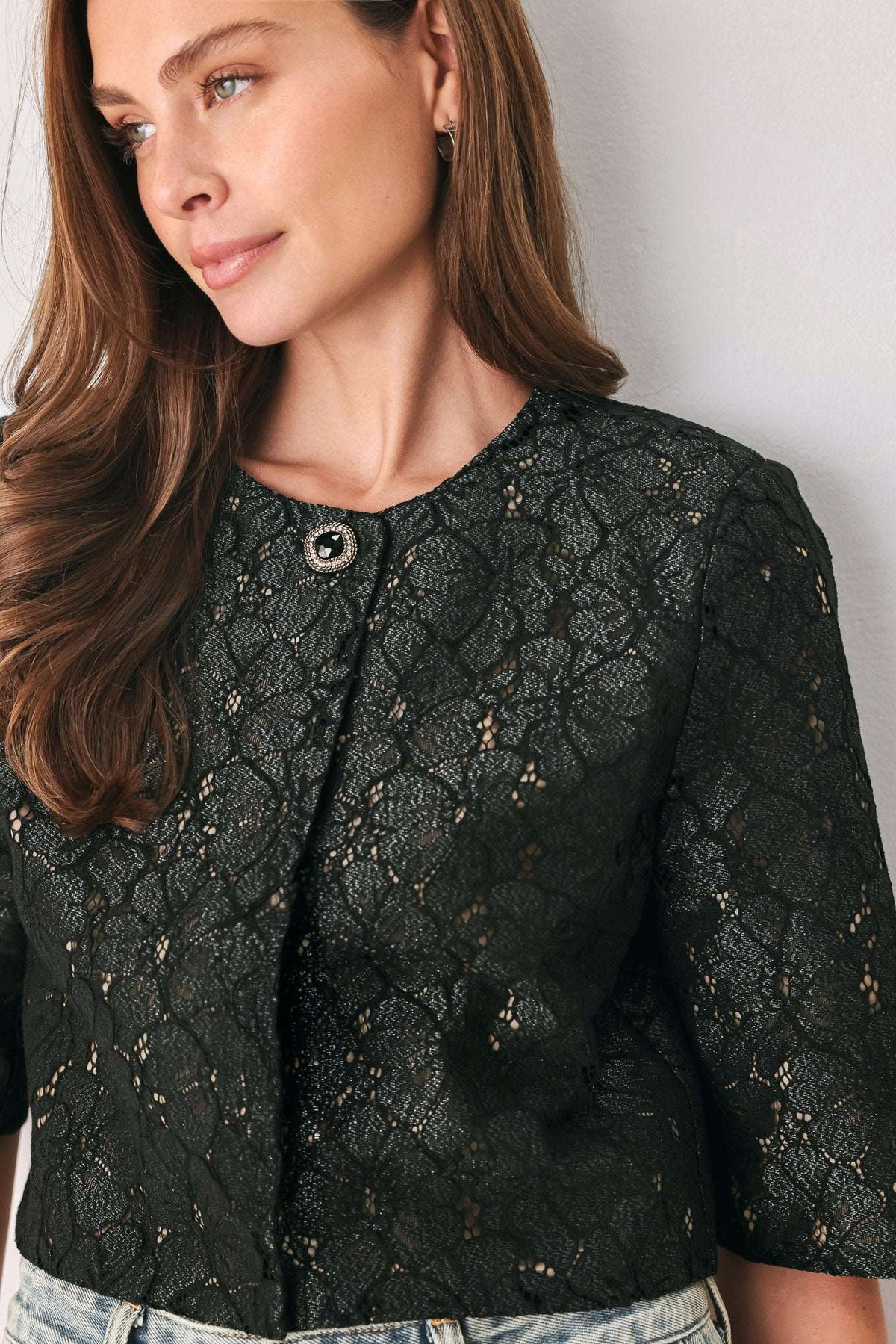 NOIR LACE AFFAIR BLACK/NUDE JEWEL-BUTTON CROPPED JACKET - Flying Tomato - Flyclothing LLC