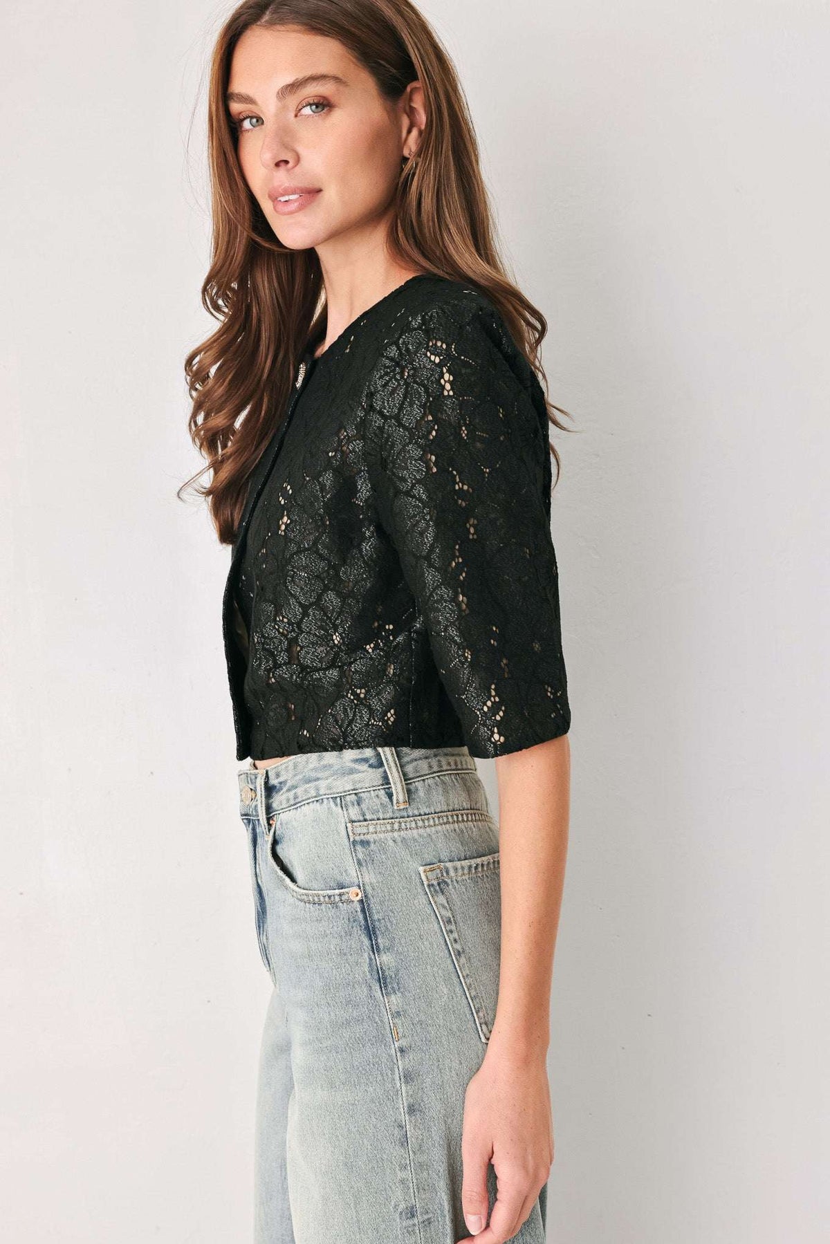 NOIR LACE AFFAIR BLACK/NUDE JEWEL-BUTTON CROPPED JACKET - Flying Tomato - Flyclothing LLC
