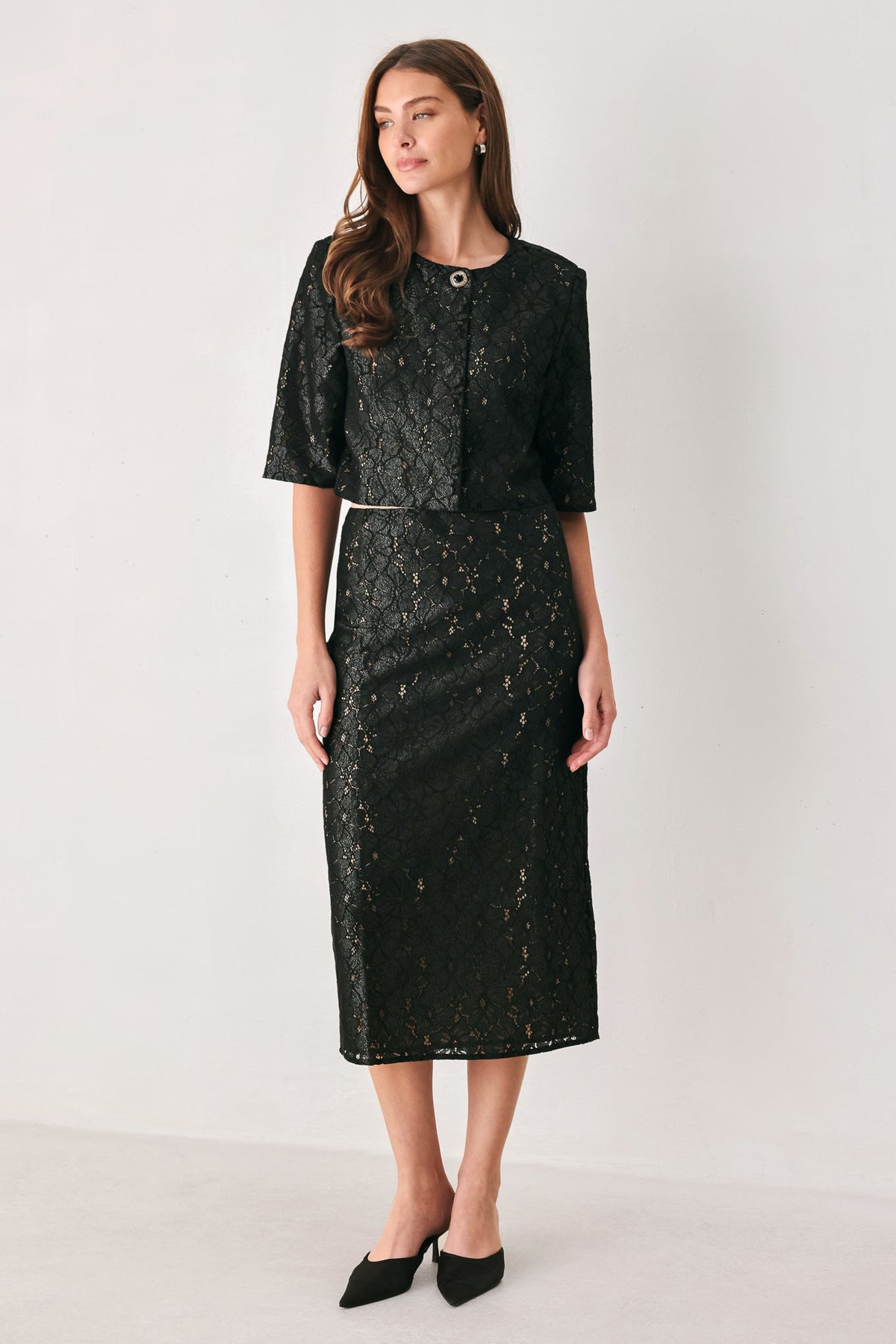 NOIR LACE AFFAIR BLACK/NUDE JEWEL-BUTTON CROPPED JACKET - Flying Tomato - Flyclothing LLC