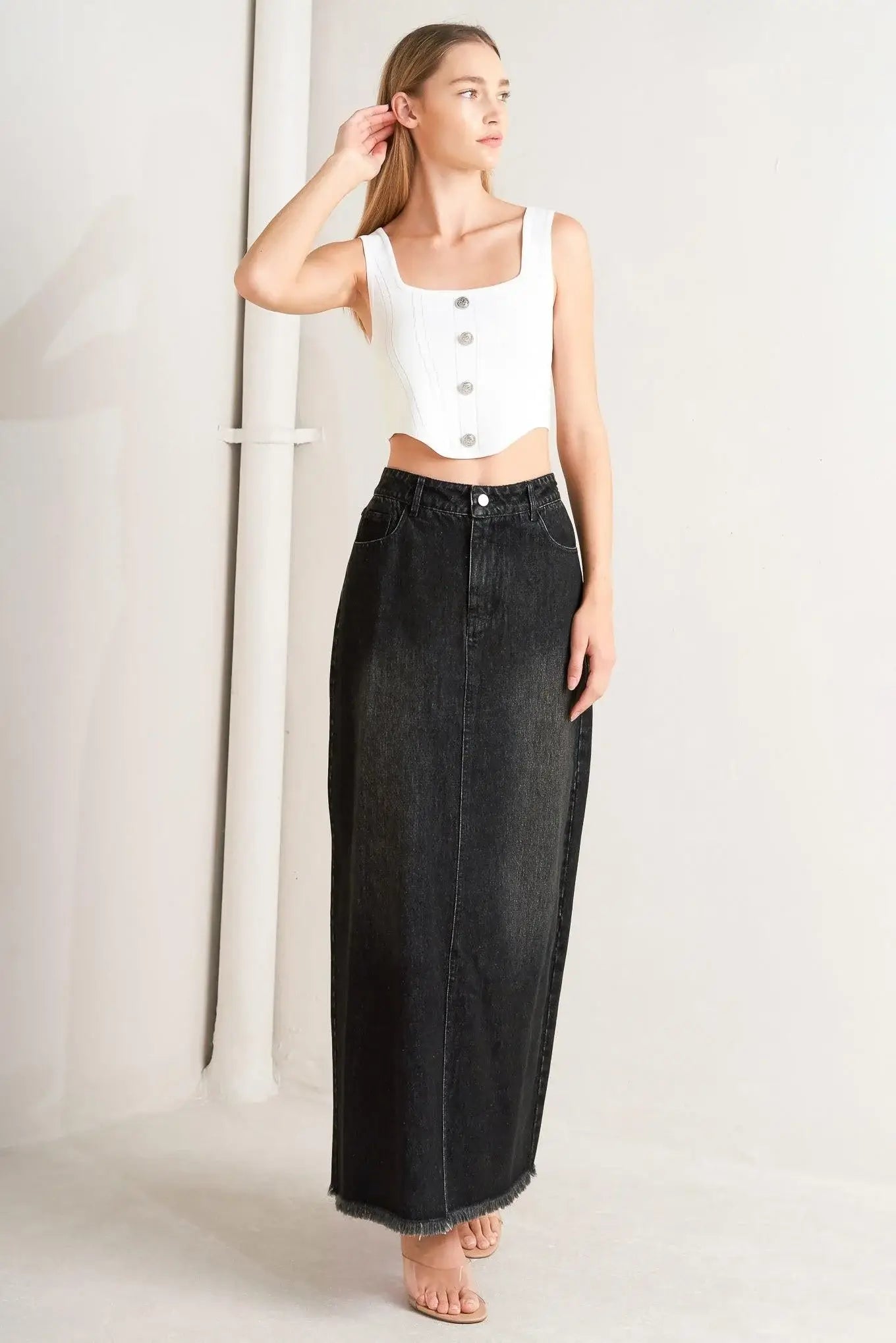 TALK ABOUT BEAUTY DENIM MIDI SKIRT - Flying Tomato - Flyclothing LLC