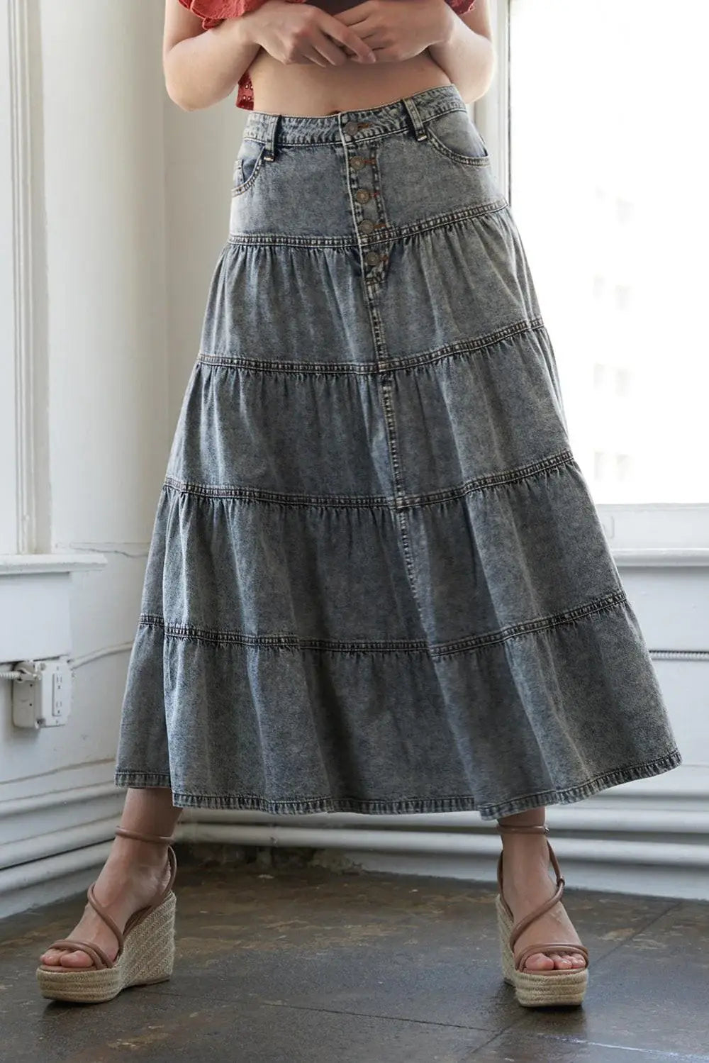 SIMPLE STATEMENT DENIM MIDI SKIRT - Flying Tomato - Flyclothing LLC