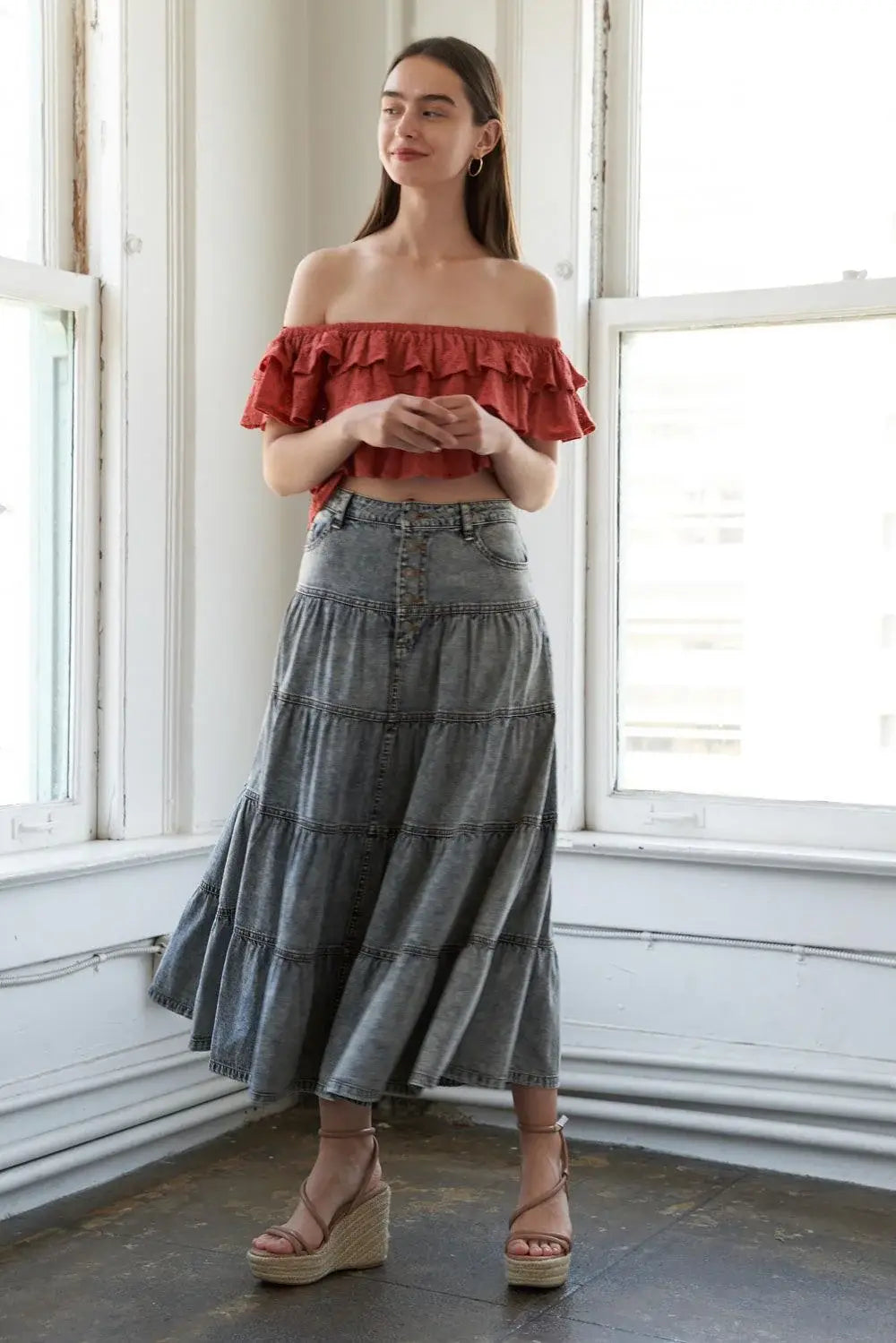 SIMPLE STATEMENT DENIM MIDI SKIRT - Flying Tomato - Flyclothing LLC
