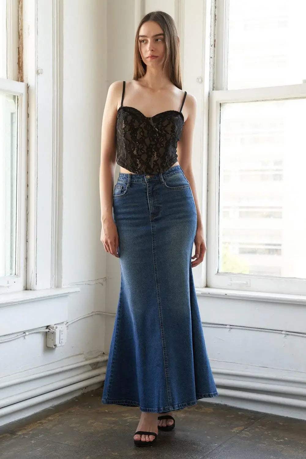 WHISPERING WINDS DENIM MIDI SKIRT - Flying Tomato - Flyclothing LLC