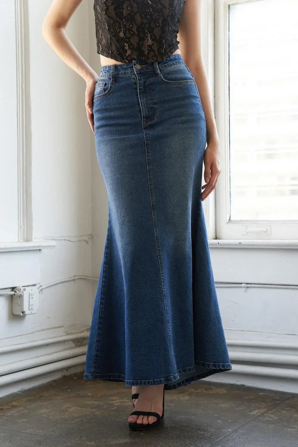 WHISPERING WINDS DENIM MIDI SKIRT - Flying Tomato - Flyclothing LLC