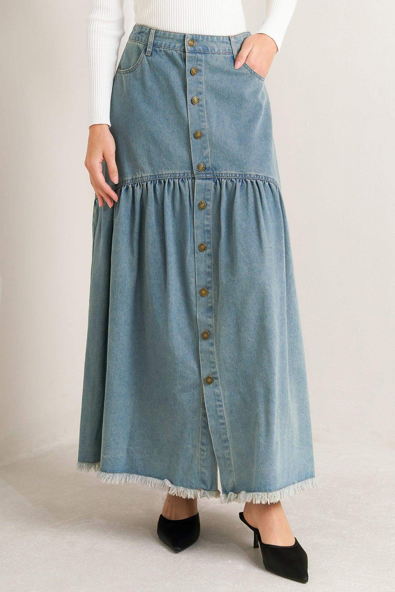INTRICATE CHARM DENIM MIDI SKIRT - Flying Tomato - Flyclothing LLC