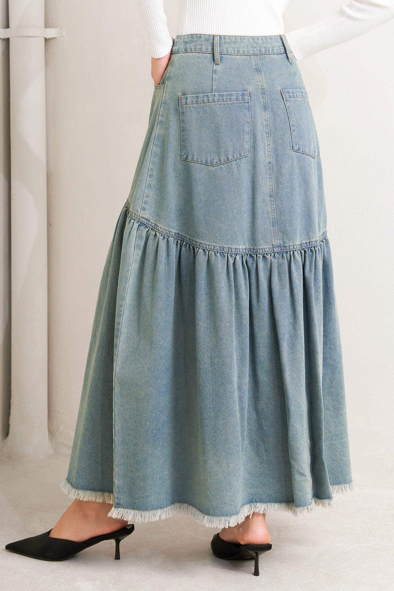 INTRICATE CHARM DENIM MIDI SKIRT - Flying Tomato - Flyclothing LLC