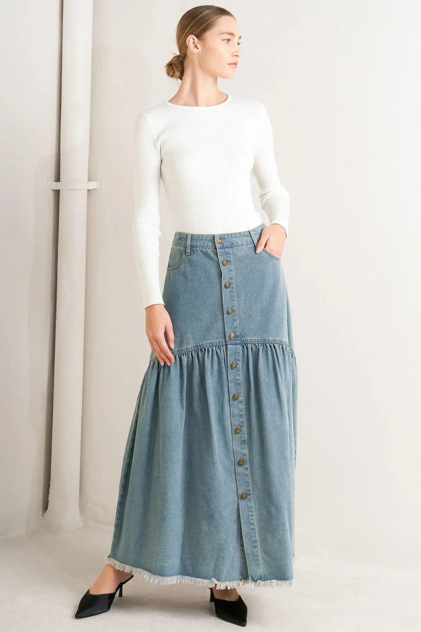 INTRICATE CHARM DENIM MIDI SKIRT - Flying Tomato - Flyclothing LLC