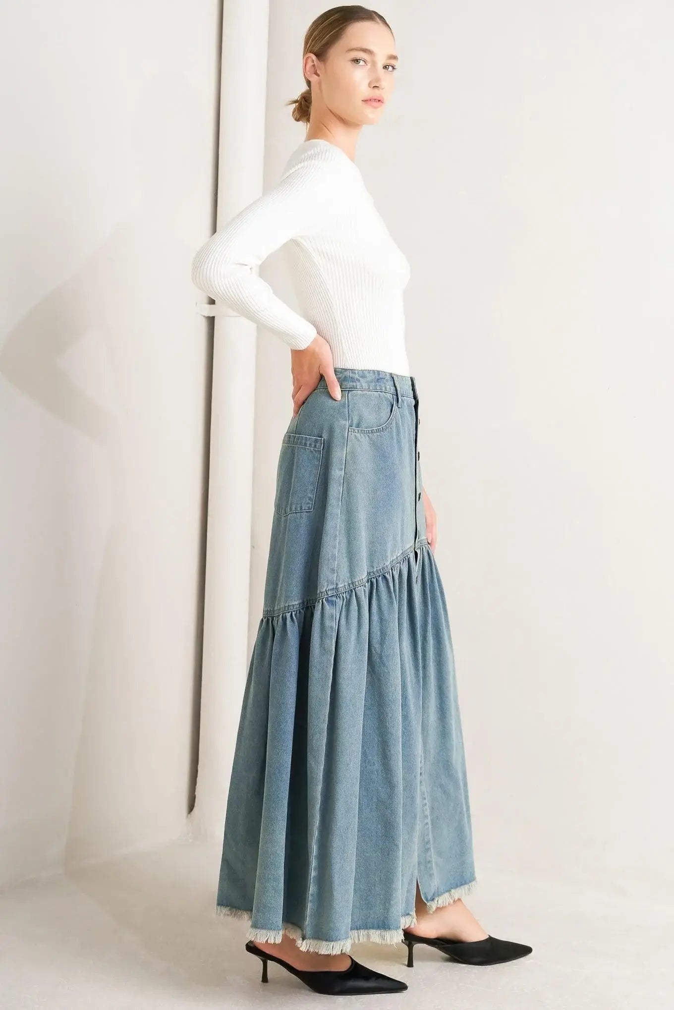 INTRICATE CHARM DENIM MIDI SKIRT - Flying Tomato - Flyclothing LLC