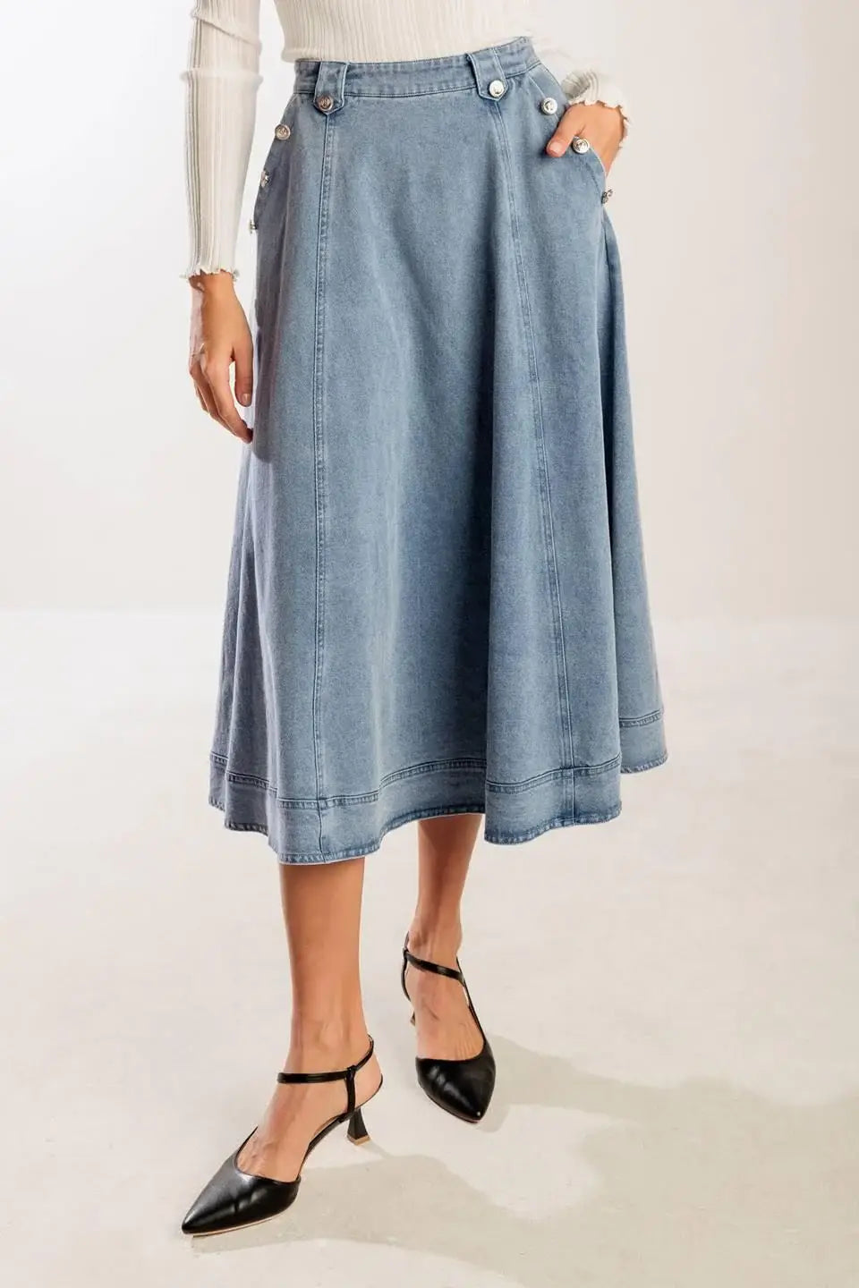 AT FIRST GLANCE DENIM MIDI SKIRT - Flying Tomato - Flyclothing LLC