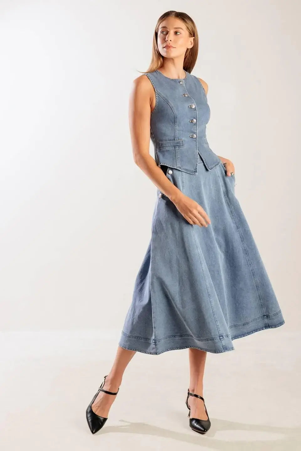 AT FIRST GLANCE DENIM MIDI SKIRT - Flying Tomato - Flyclothing LLC