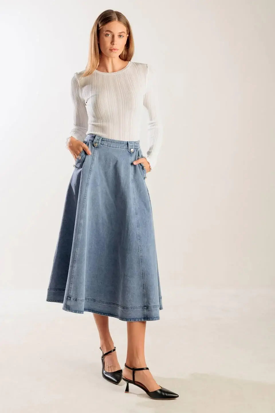AT FIRST GLANCE DENIM MIDI SKIRT - Flying Tomato - Flyclothing LLC