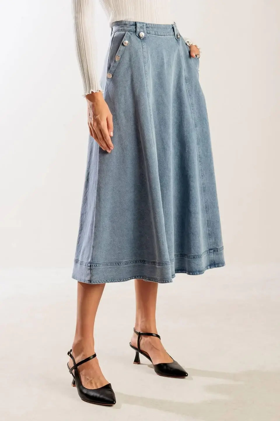 AT FIRST GLANCE DENIM MIDI SKIRT - Flying Tomato - Flyclothing LLC