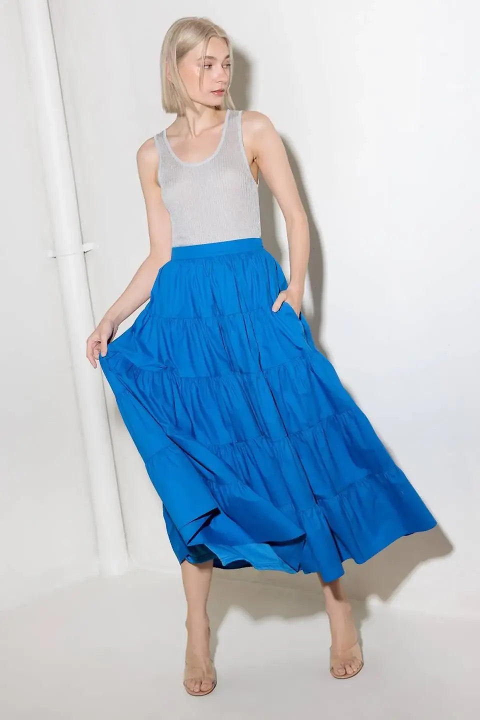 SIMPLY SPELLBOUND BLUE WOVEN FULL MIDI SKIRT - Flying Tomato - Flyclothing LLC