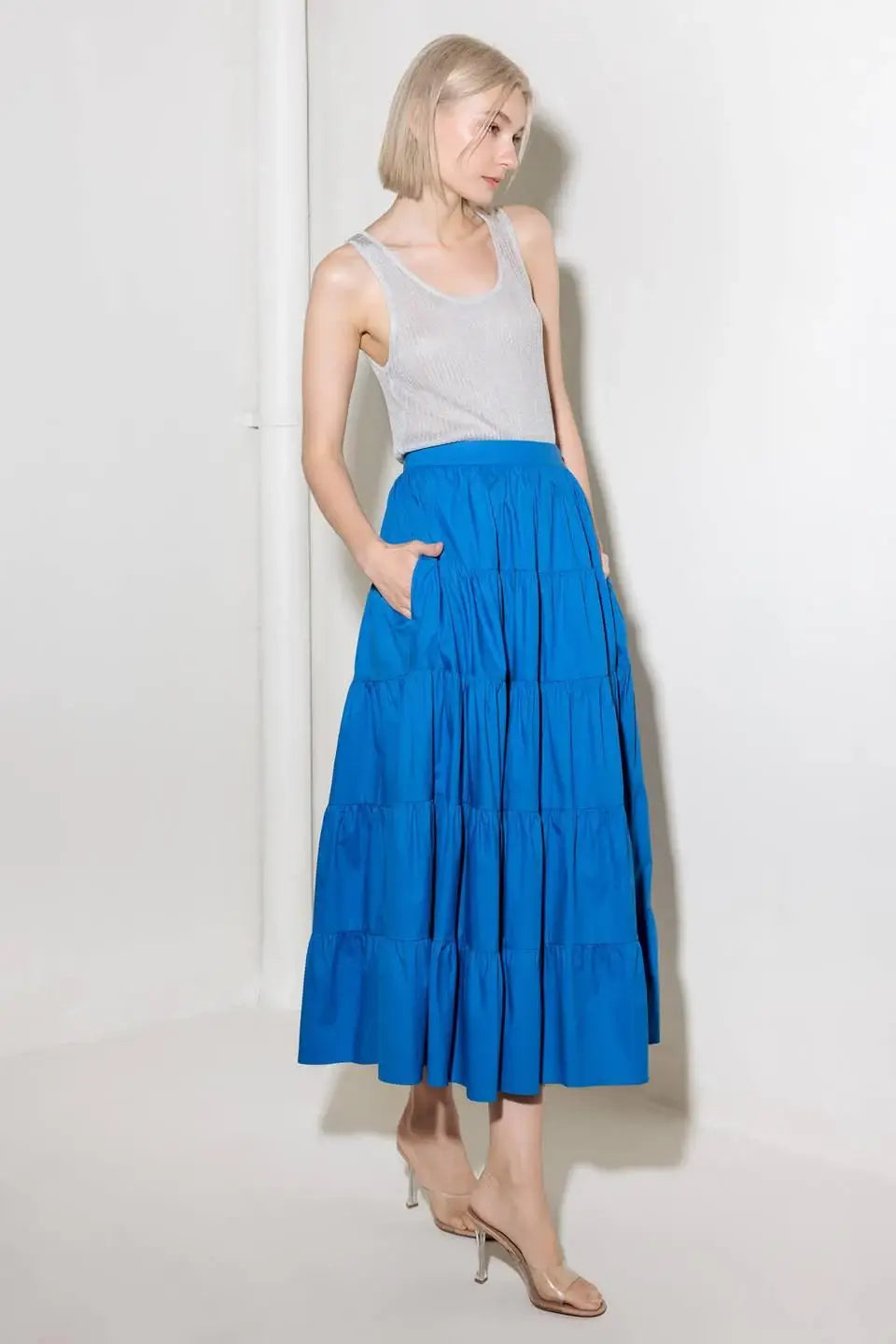 SIMPLY SPELLBOUND BLUE WOVEN FULL MIDI SKIRT - Flying Tomato - Flyclothing LLC