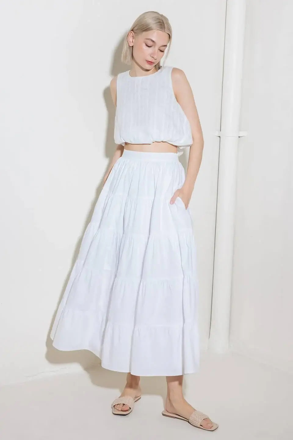 SIMPLY SPELLBOUND WHITE WOVEN FULL MIDI SKIRT - Flying Tomato - Flyclothing LLC
