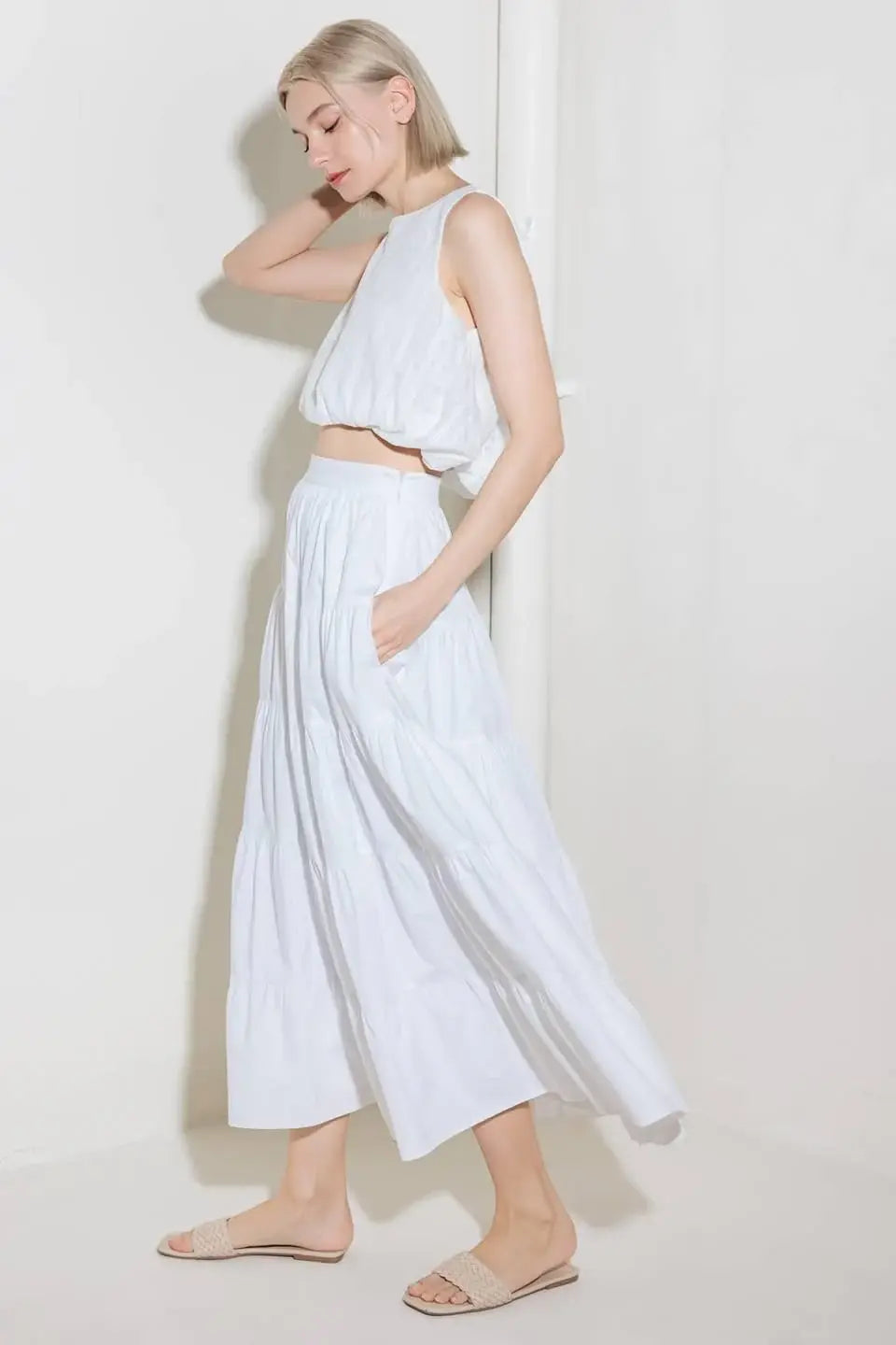 SIMPLY SPELLBOUND WHITE WOVEN FULL MIDI SKIRT - Flying Tomato - Flyclothing LLC