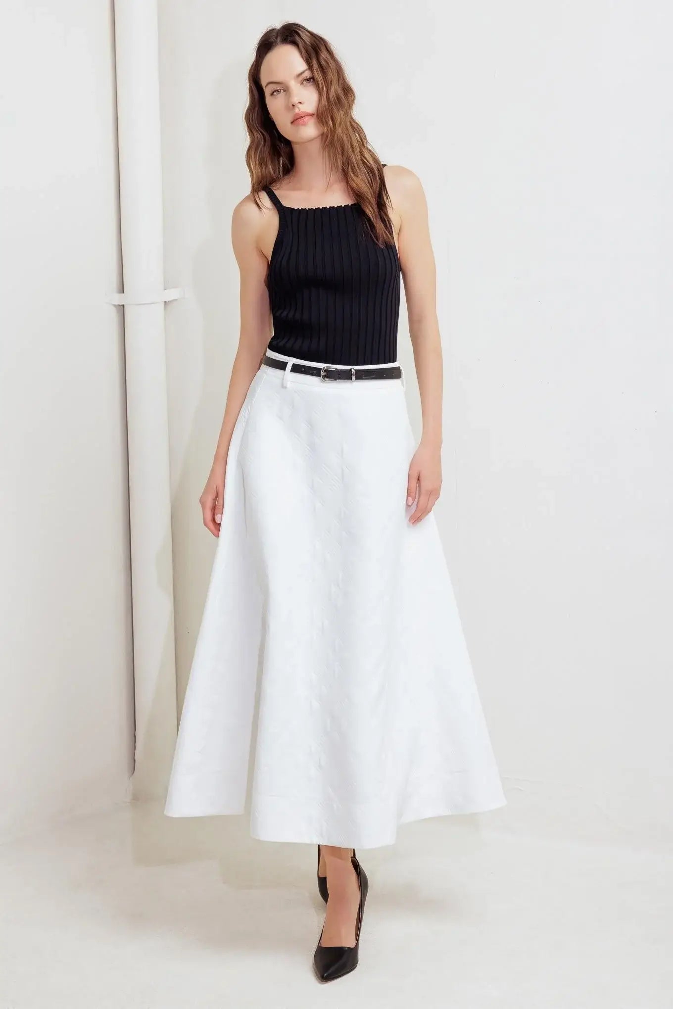 DOWNTOWN EASE WOVEN MIDI SKIRT - Flying Tomato - Flyclothing LLC