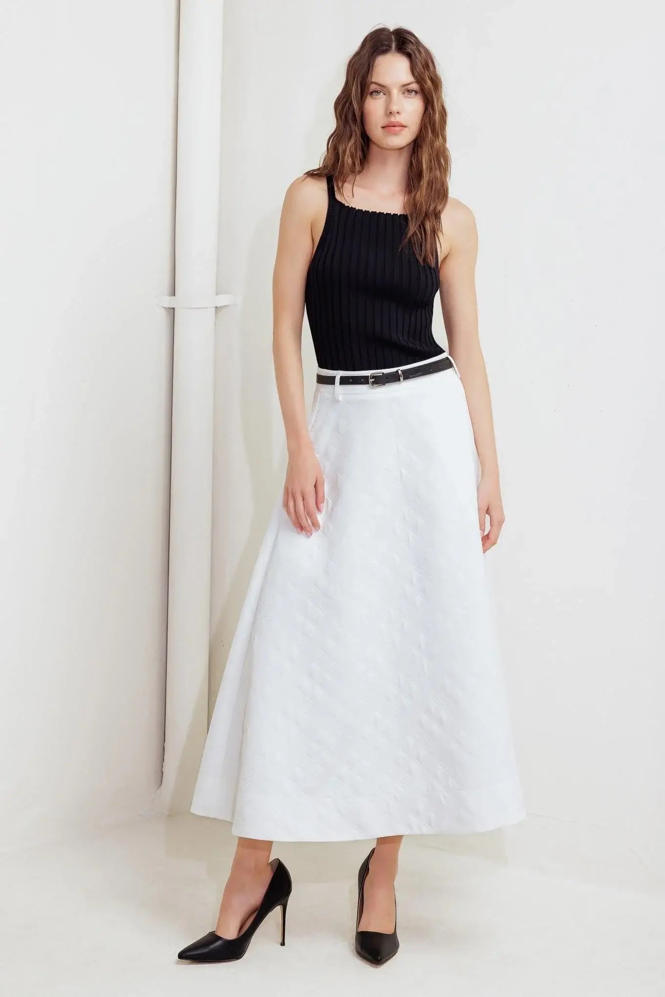 DOWNTOWN EASE WOVEN MIDI SKIRT - Flying Tomato - Flyclothing LLC