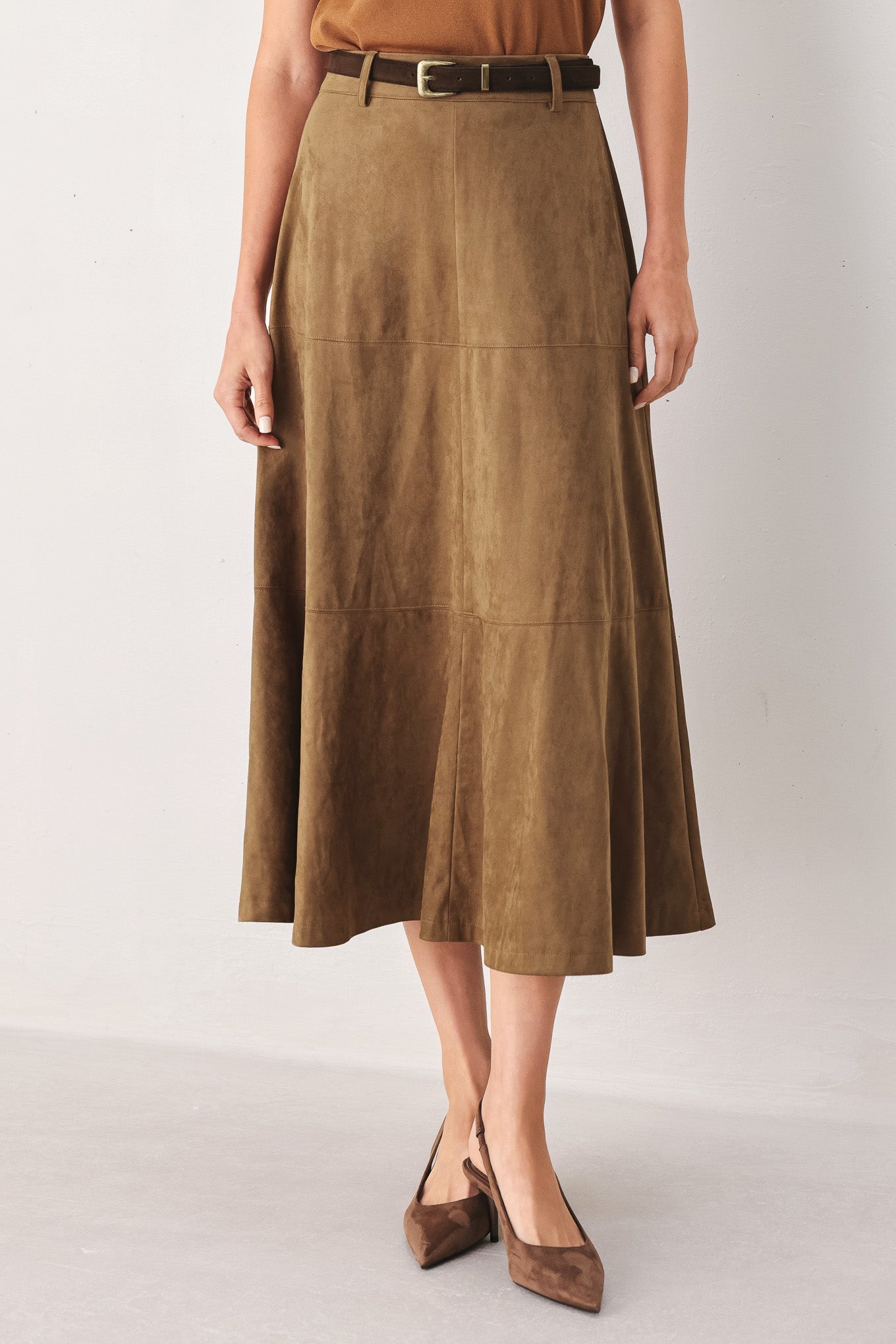SANDSTONE SILHOUETTE FAUX SUEDE MIDI SKIRT