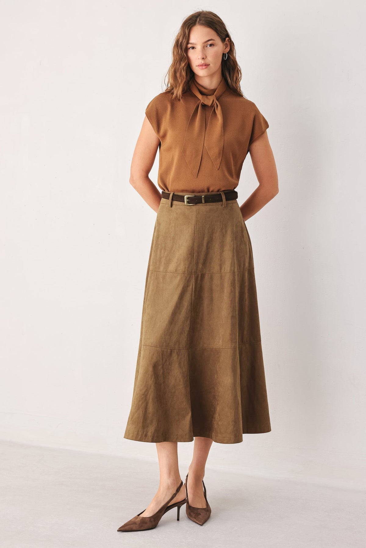SANDSTONE SILHOUETTE FAUX SUEDE MIDI SKIRT - Flying Tomato - Flyclothing LLC