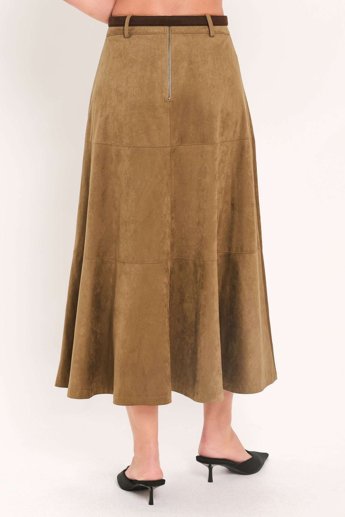 SANDSTONE SILHOUETTE FAUX SUEDE MIDI SKIRT - Flying Tomato - Flyclothing LLC