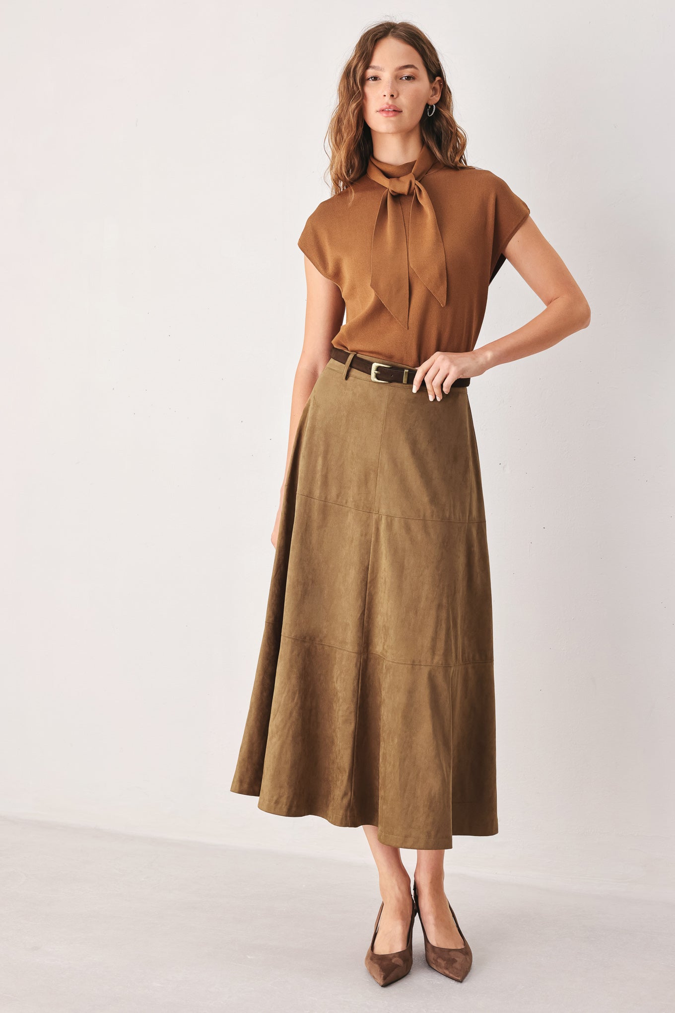 SANDSTONE SILHOUETTE FAUX SUEDE MIDI SKIRT