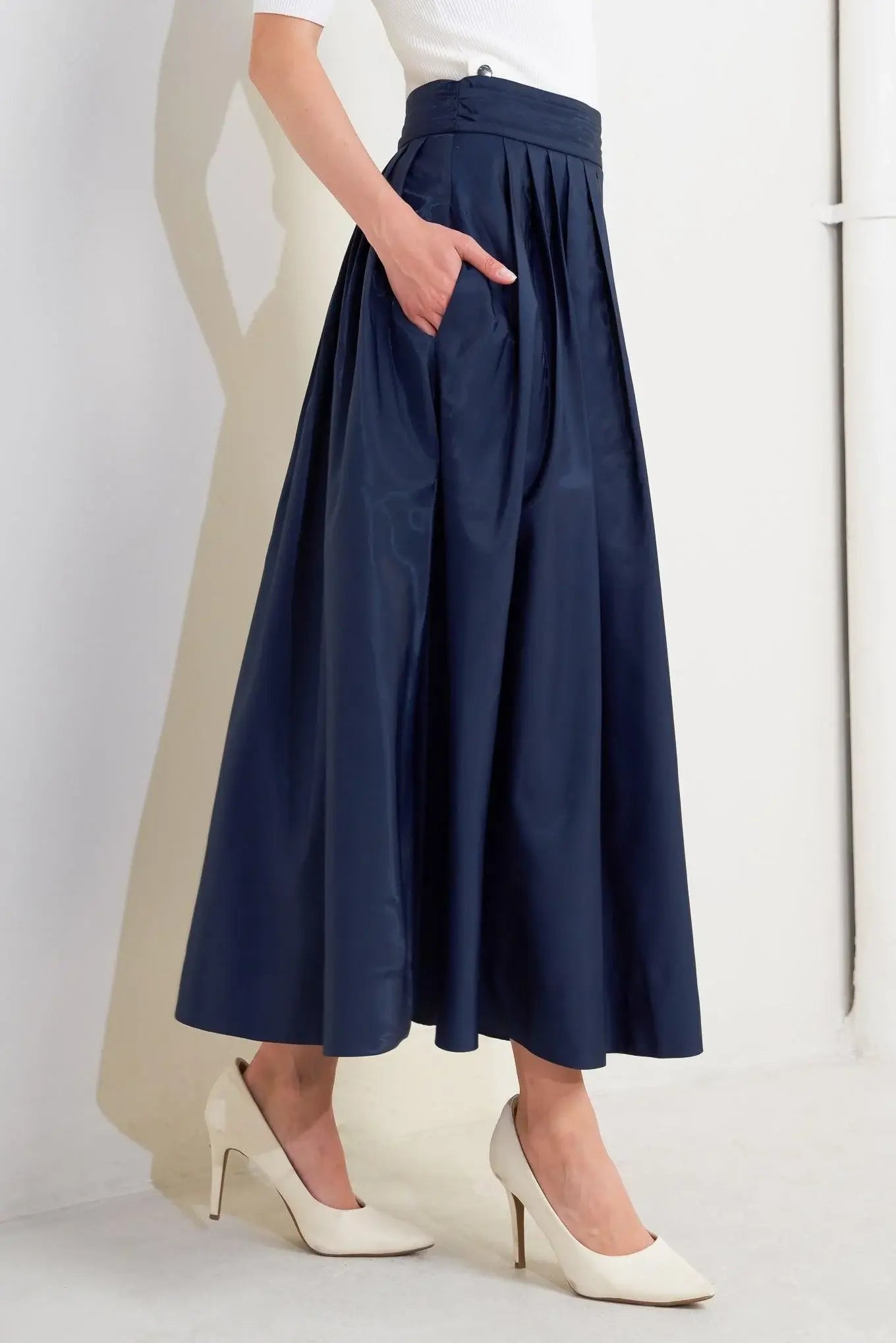 LUXE FLARE WOVEN PLEATED MIDI SKIRT - Flying Tomato - Flyclothing LLC