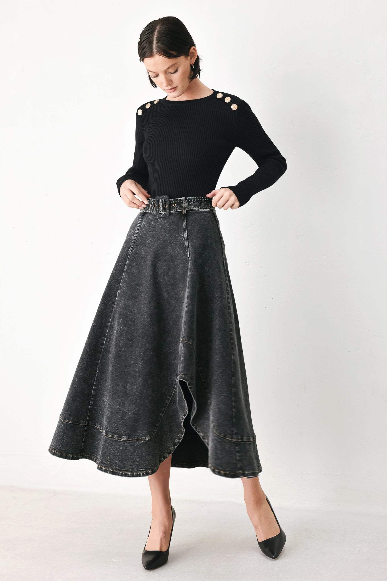 SHADOW STITCH ROMANCE DENIM MIDI SKIRT - Flying Tomato - Flyclothing LLC