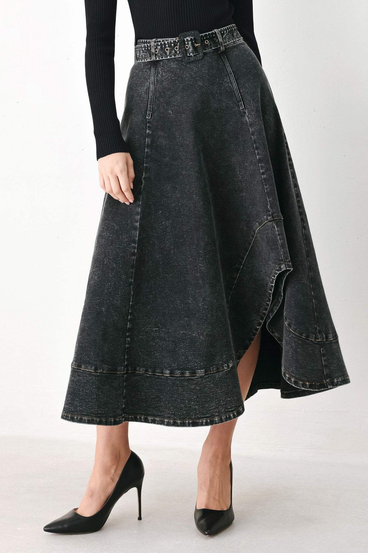 SHADOW STITCH ROMANCE DENIM MIDI SKIRT - Flying Tomato - Flyclothing LLC