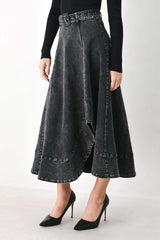 SHADOW STITCH ROMANCE DENIM MIDI SKIRT - Flying Tomato - Flyclothing LLC