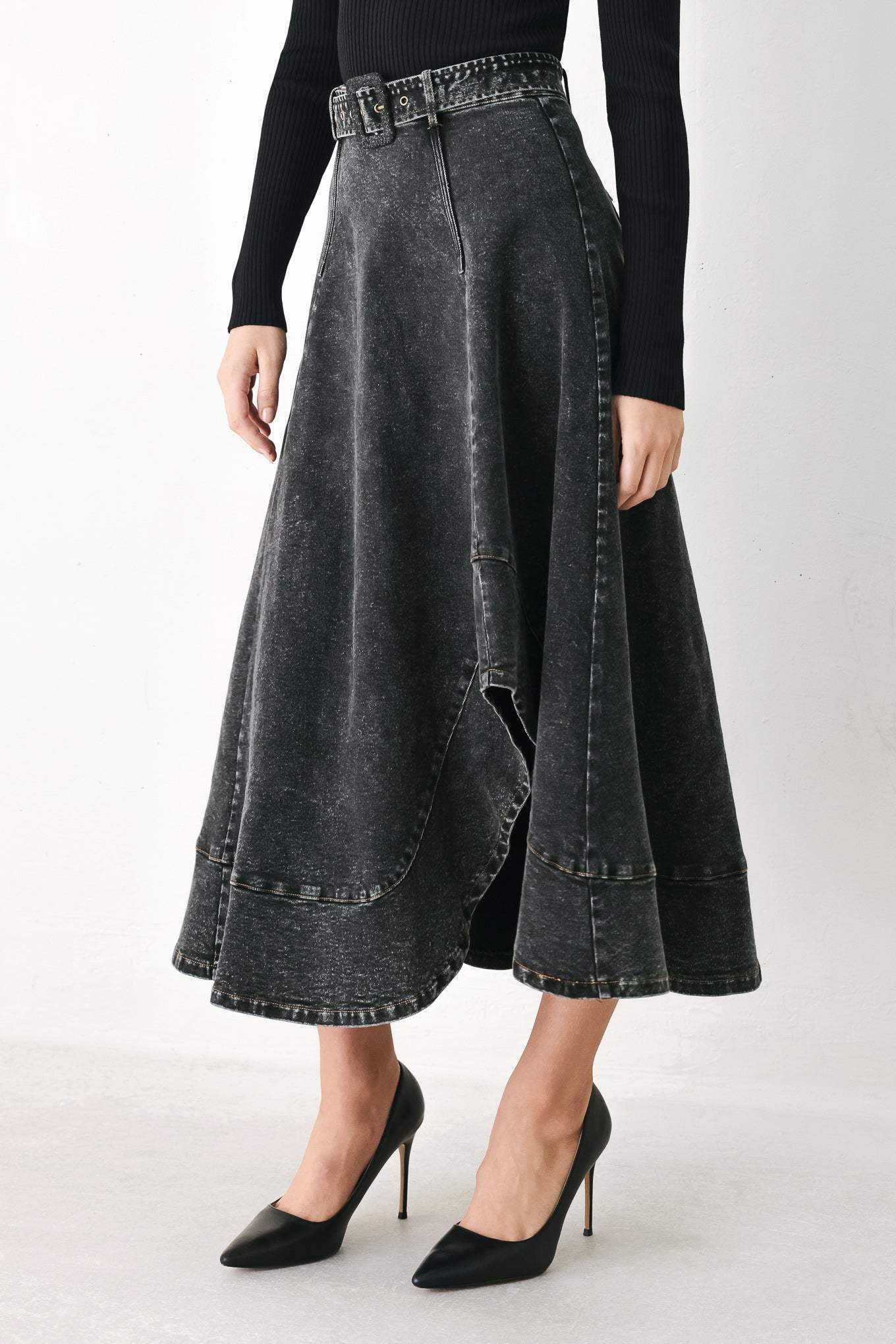 SHADOW STITCH ROMANCE DENIM MIDI SKIRT - Flying Tomato - Flyclothing LLC