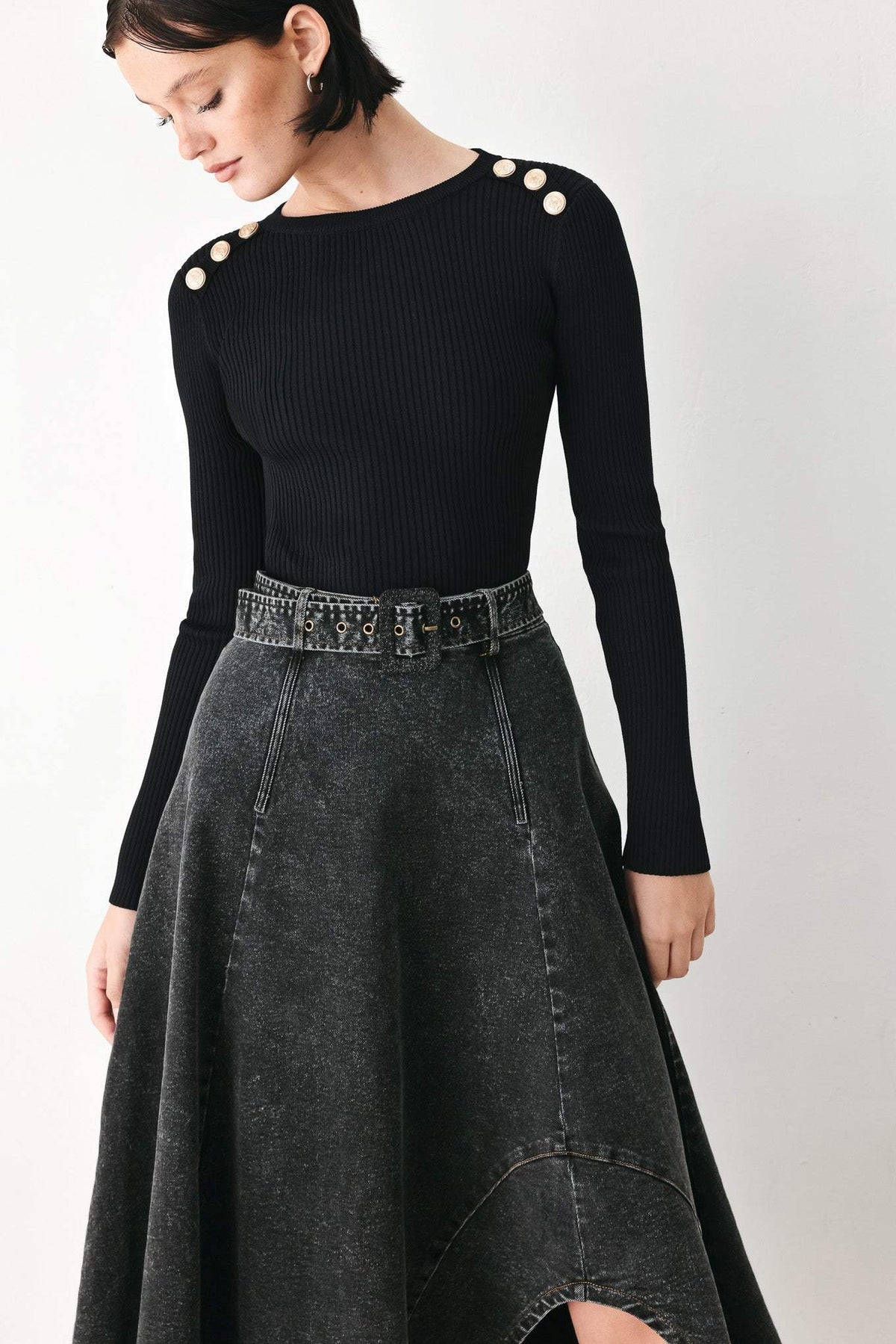 SHADOW STITCH ROMANCE DENIM MIDI SKIRT - Flying Tomato - Flyclothing LLC